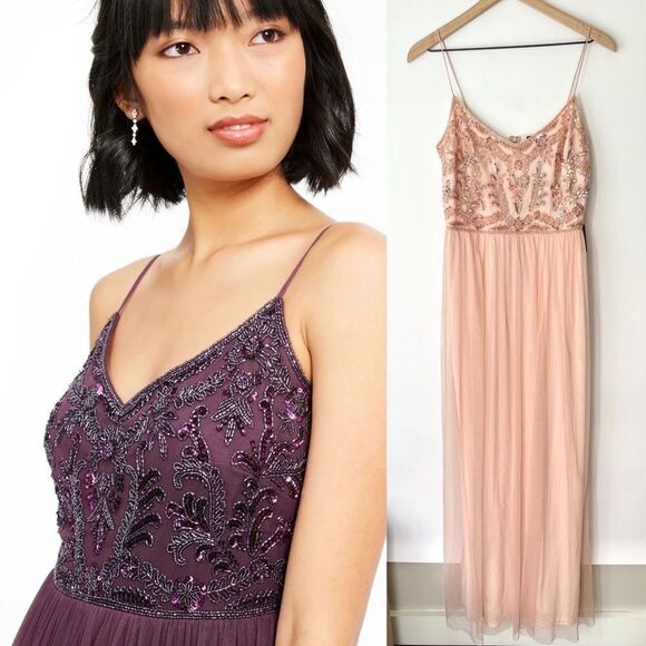 NWT Adrianna Papell Sheer Toole Zippered Strap Scoop Maxi Fit Flare Dres… - Picture 1 of 8